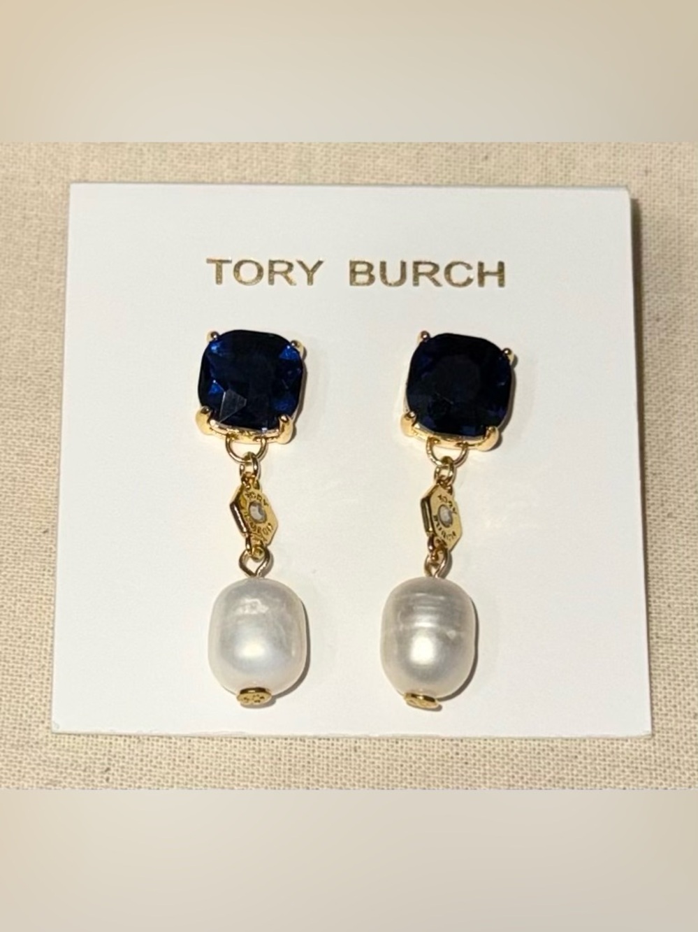 NWT TORY BURCH Gold-Tone Navy Crystal & Freshwater Pearl Drop Earrings.